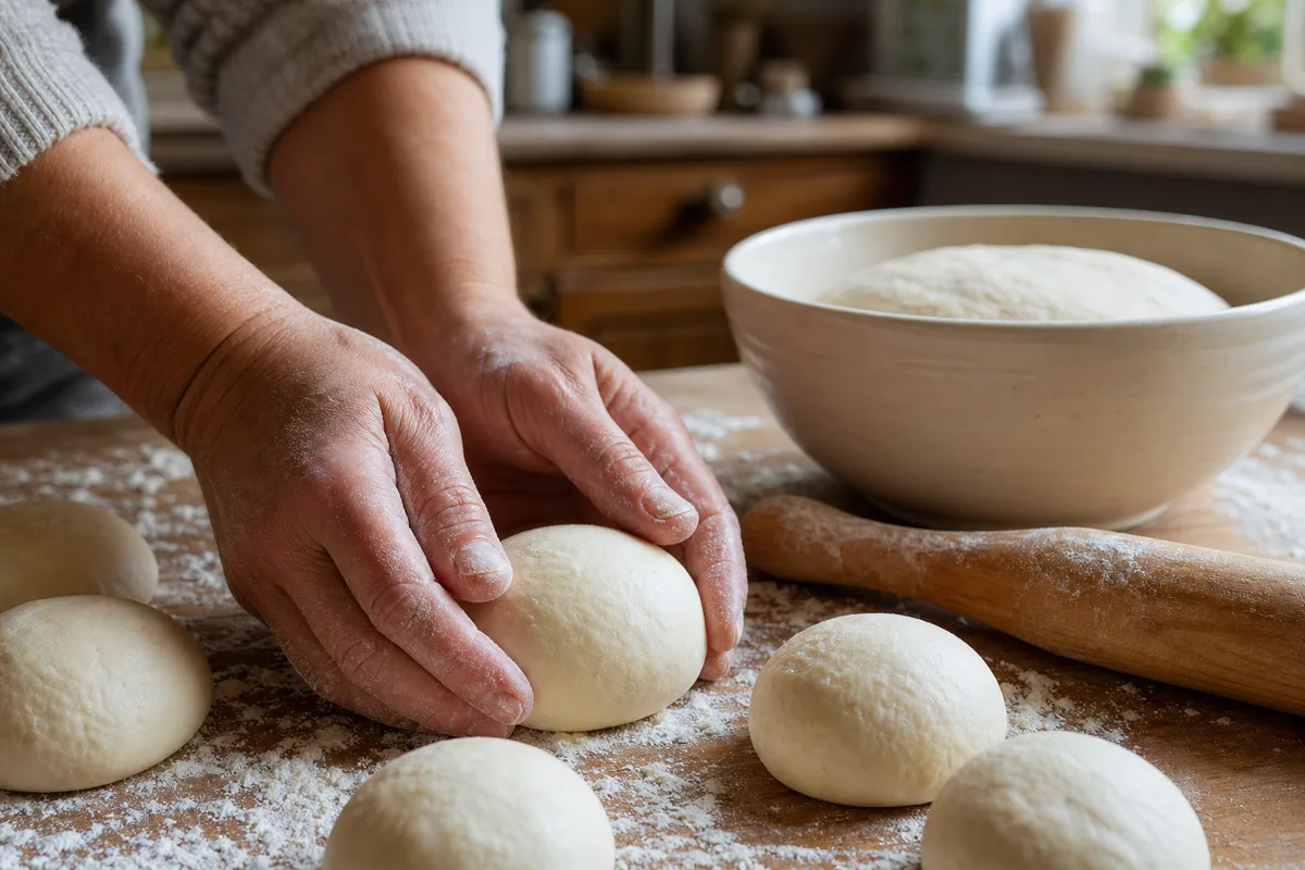 Mains façonnant des boules de pâte à bao sur un plan de travail en bois fariné