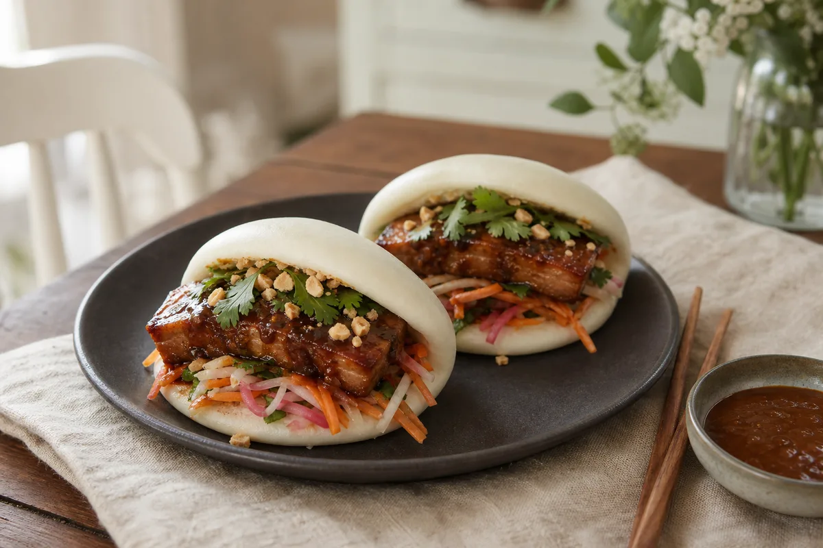 Bao ouverts garnis de porc braisé et de cacahuètes servis sur une assiette sombre
