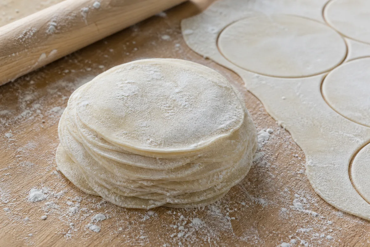 Disques de pâte à gyoza fraîchement détaillés, empilés et saupoudrés de fécule sur un plan de travail en bois