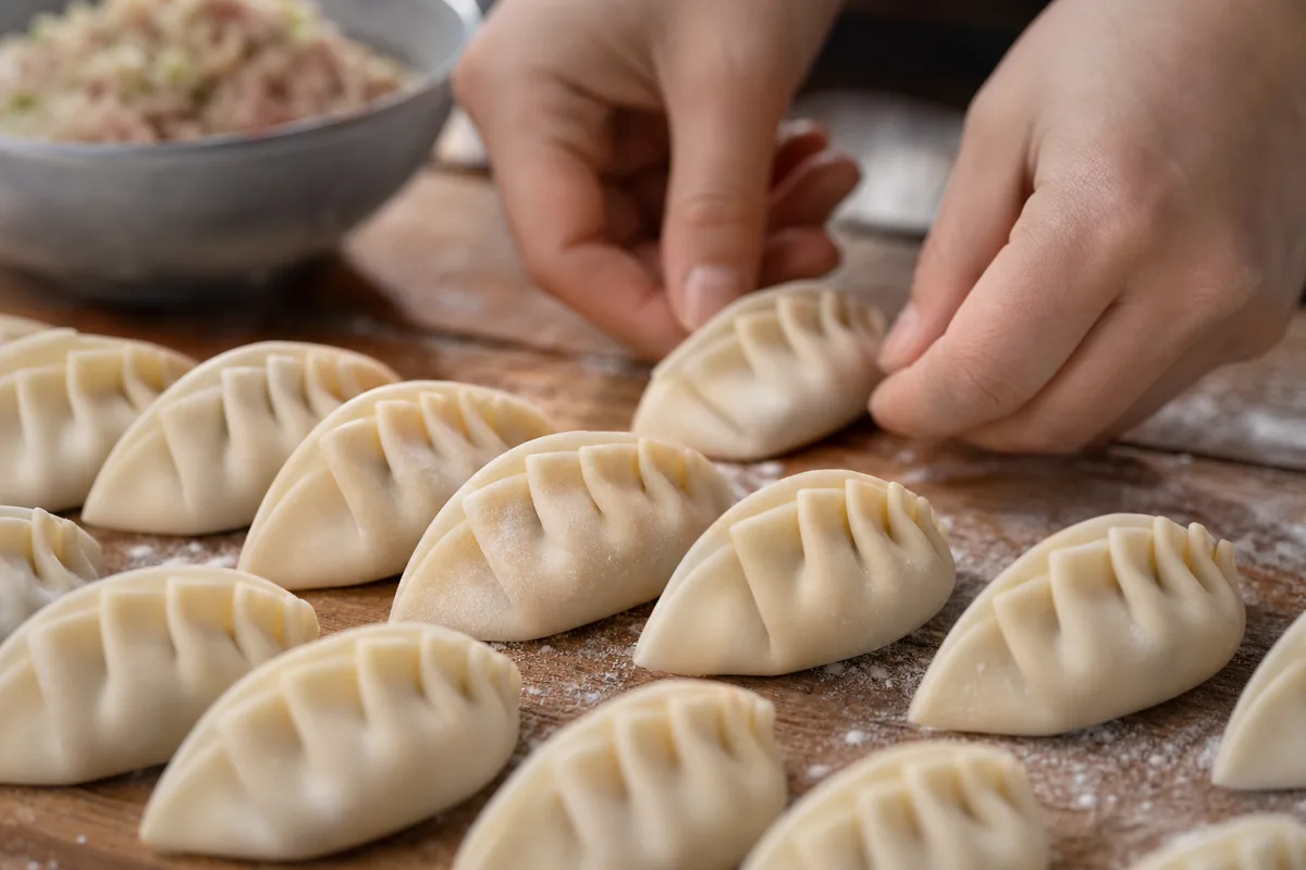 Gyoza crus alignés debout sur un plateau, plis marqués sur le dessus et base plate