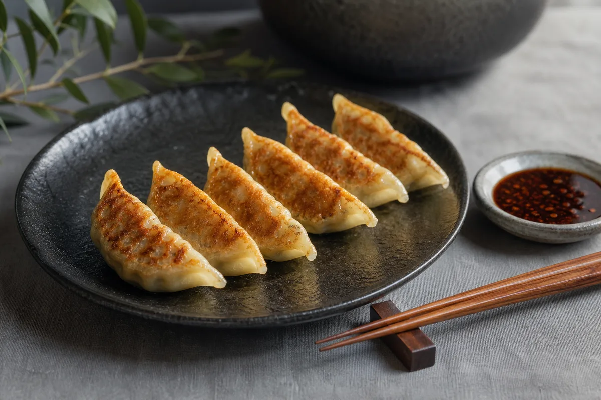 Gyoza dorés servis dans une assiette avec une coupelle de sauce soja vinaigrée et des baguettes