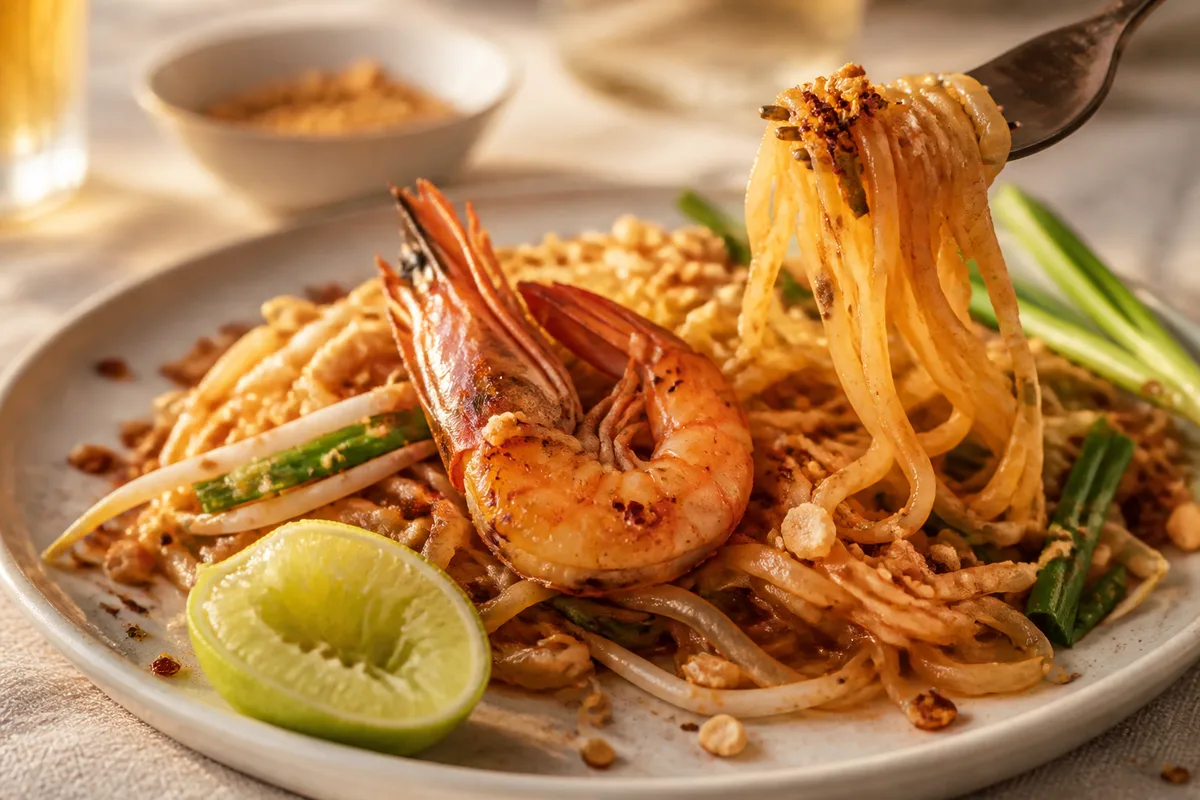 Assiette de pad thai aux crevettes garnie de cacahuetes concassees et de quartiers de citron vert