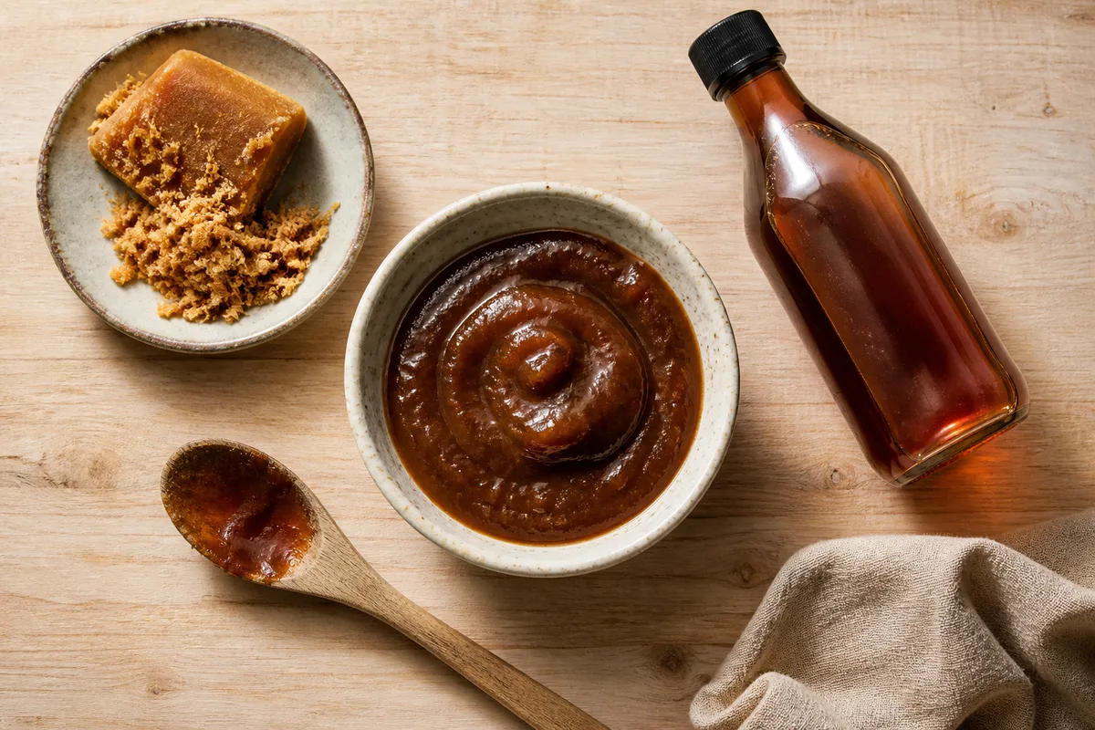 Bol de sauce au tamarin avec sucre de palme rape et sauce poisson sur un plan de travail en bois