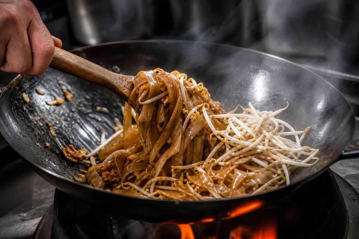 Wok en fonte avec nouilles de riz plates saisies et germes de soja ajoutes en fin de cuisson