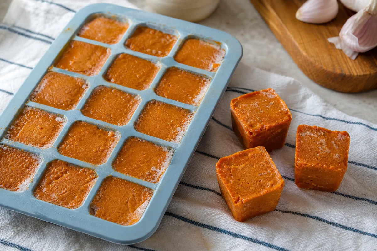 Portions de pâte de curry congelées en cubes dans un bac à glaçons